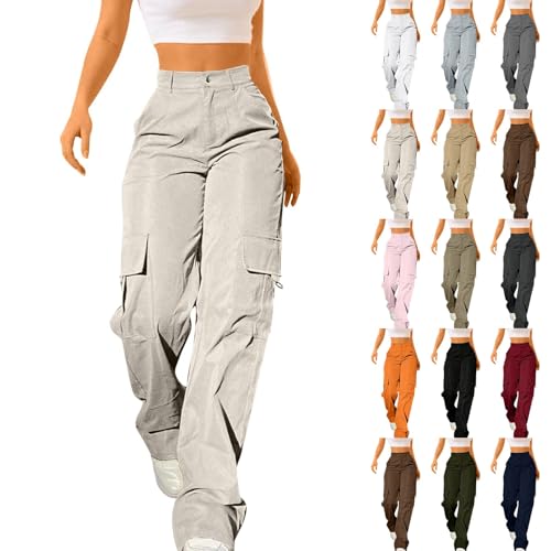AMDOLE Pantalones cargo para mujer del Reino Unido Y2K, holgados, elásticos, cintura alta, pierna ancha, pantalones de trabajo, uso diario, color sólido, casual, relajado, senderismo, caminar, combate
