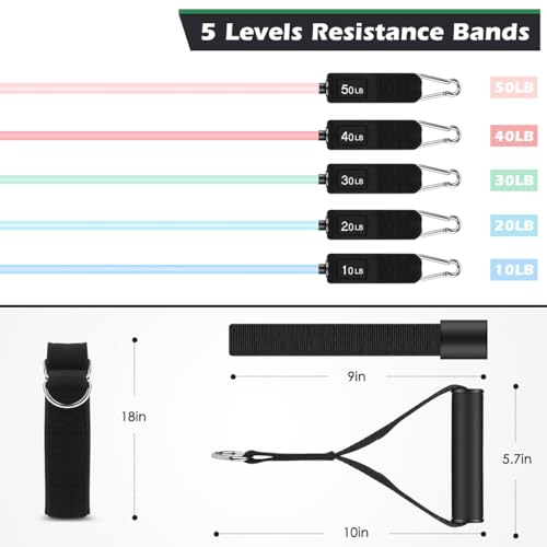 Image of WHATAFIT Resistance Bands, Exercise Bands, Workout Bands with Handles, Door Anchor and Ankle Straps, 5 Resistance Levels Fitness Bands for Strength Training, Physical Therapy, and Home Gym Equipment