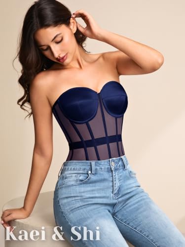 Image of Kaei&Shi Sheer Mesh Overbust Corset,Sexy Strapless Lace Up Satin Bra Corsets Top For Women Shapewear