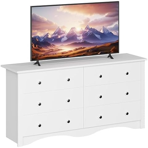 Furmax 6 Wood Drawers Dresser for Bedroom, Double Dresser for TV up to 65 inch, TV Stand Storage Chest of Drawers for Living Room Hallway Entryway (White) Cover