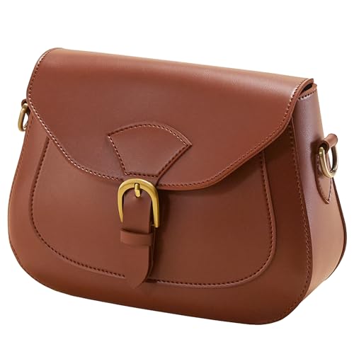 Vintage Vegan Leather Saddle Crossbody Bag (Brown)
