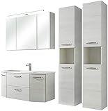 - Amora 12 - Badmöbel-Set - 112 cm - 5-teilig Badset Komplettset mit Spiegelschrank Mineralmarmor-Waschtisch usw. in Eiche weiß quer NB