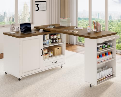 Image of RALGEND Rolling Kitchen Island with 360 Swivel Tabletop, Large Kitchen Island Table with Power Outlet, Mobile Kitchen Island Cart with Storage Cabinets for Kitchen & Office, White and Walnut
