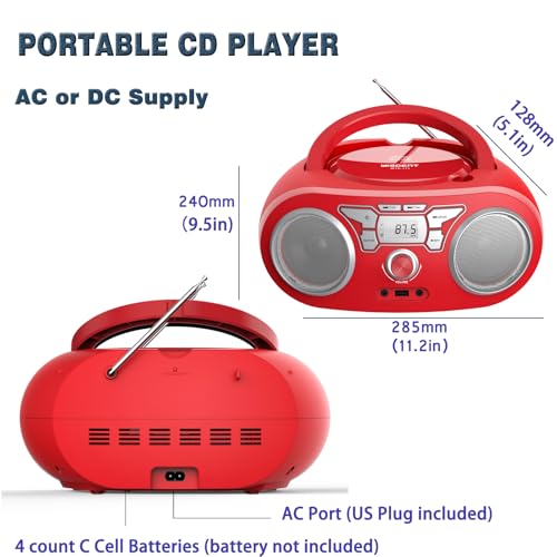 Image of Portable CD Player Boombox with Bluetooth, FM Radio, USB Input, 3.5mm AUX and Headphone Jack, Clear Stereo Sound