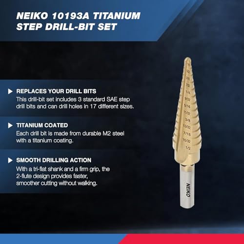Neiko 10193A Titanium Step Bits, Unibit Set, 28 Sizes, High Speed Steel, Standard (Sae) Step Drill Bit Set, Step Bits For Metal. Unibit Step Drill Bits thumb #1