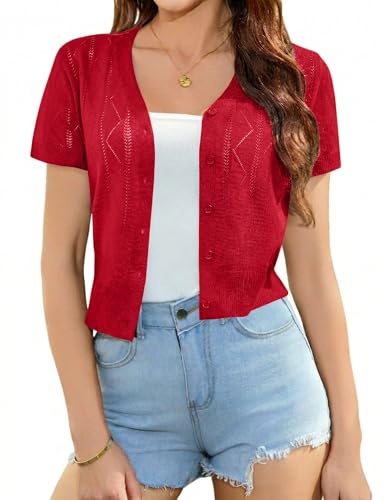 Totatuit Boléro Femme Chic Gilet Tricot Court Cardigan Manches Courtes Boutons Haut Vintage Creux Été Léger pour Robe Soirée Bureau Rouge M