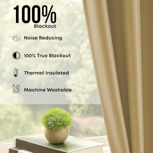Image of LINENWALAS 100% True Blackout Curtains (7 Feet) - Set of 2, Twist Tab Top Panels, Complete Light Block, Thermal Insulated & Noise Reducing Room Darkening Curtains for Living Room Decor (Golden Beige)