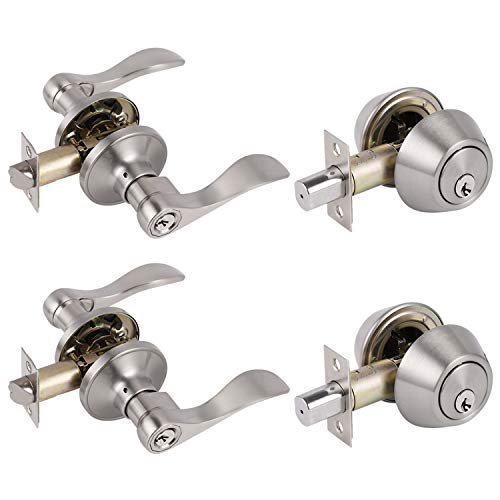Probrico Wave Style Entry Door Handle Set with Double Cylinder Deadbolt in Satin Nickel Finish,Keyed Alike Lockset Handleset Combo Pack, Modern Hardware, Set of 2