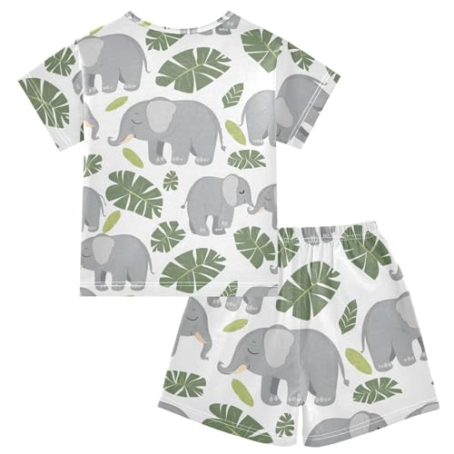 ALAZA Elephant Palm Leaf White Pajamas Short Sleeve 2 Piece Sleepwear Top and Bottom Pajama Set Unisex2