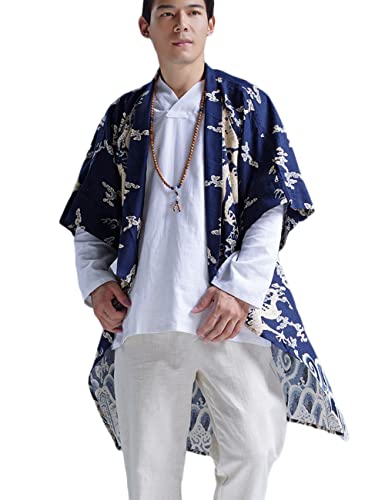 Ystylee Men's Kimono Robe Dragon Vintage Printed Lightweight Cotton Linen Japanese Haori Samurai Robe with Belt