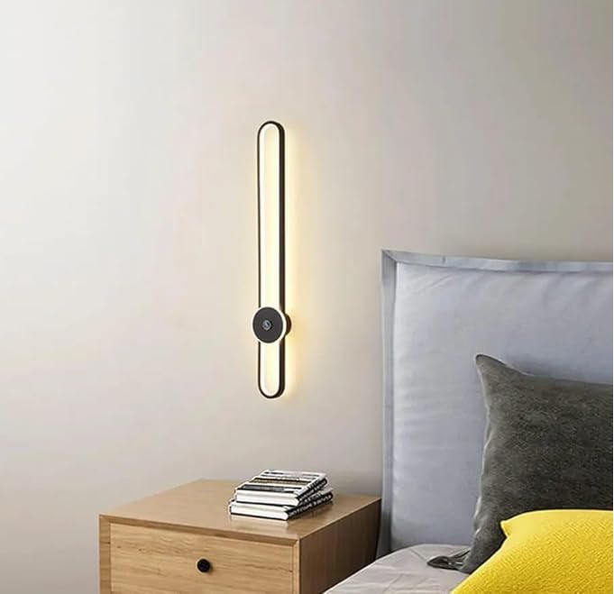Image of Modern 600mm All-Copper LED Tube Wall Light Elegant Long Wall Fixture for Bedroom & Living Room-Warm White, Natural White, Cool White (Black with Center-Lens Base)
