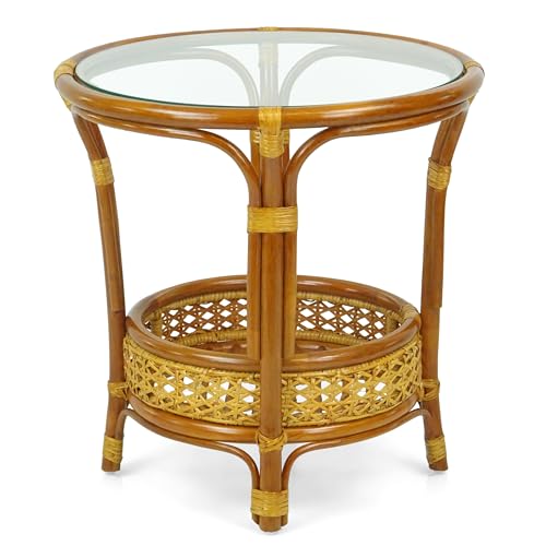 Pelangi Coffee Round Table Colonial Color Handmade ECO Natural Rattan Wicker with Glass Top