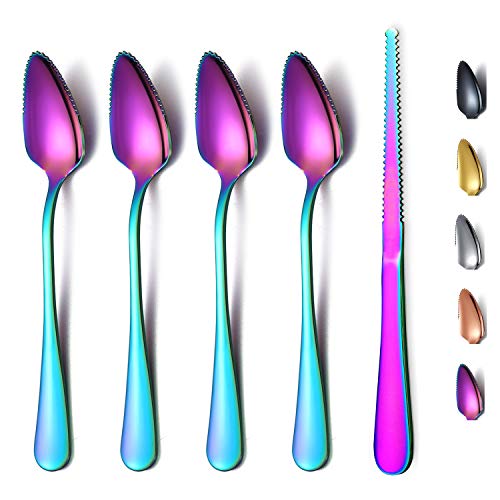 HOMQUEN Rainbow Grapefruit Spoons 5 Pieces Set, 4 Stainless Steel Grapefruit Spoon and 1 Grapefruit Knife with Titanium Plating, Grapefruit Utensil Set, Serrated Edges Spoon Pack of 5 (Rainbow)