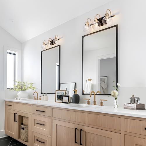 Image of KSANA Black Gold Vanity Light, Modern 3-Light Bathroom Light Fixture with Clear Glass Globes, Electroplating Brass 22 inchL Vanity Lighting Over Mirror