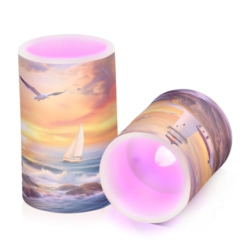 Image of Lighthouse Ocean Seagulls Sailboat Flickering Flameless Candles LED Battery Operated with Remote Timer Pillar Candles for Home Birthday Wedding Christmas Decor, Set of 2