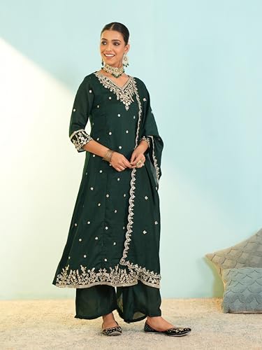 Image of Naixa Women's Vichitra Silk Embroidered A-Line Kurta with Pant and Dupatta Sets (NX-845)