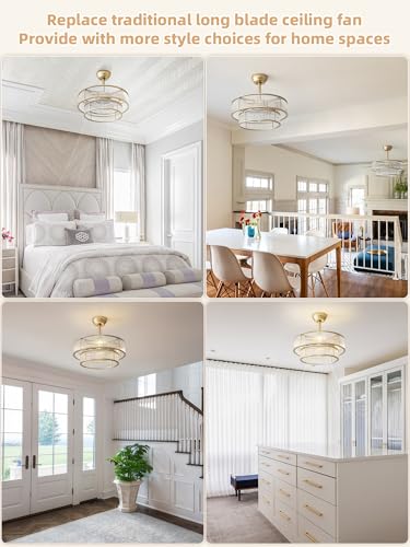 Image of 20 Inch Gold Crystal Fandelier Ceiling Fan with Light, Mid Century Gold Fandelier Ceiling Fans with Lights Remote Control, Caged with 6 Speeds for Bedroom, Nursery, Living Room(US-FS-SJ03)