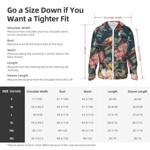 Sun Protection Hoodie Shirt Flowers Birds UPF 50+ Long Sleeve Outdoor Rash Guard for Men Women2