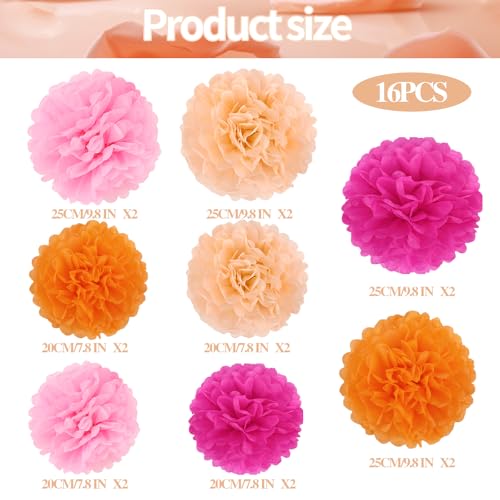 Image of BestoFun 16 PCS Hot Pink Orange Party Decorations Tissue Paper Flowers Pom Poms Decorations for Girl Groovy Birthday Baby Shower Wedding Bachelorette Room Wall Hanging Decor