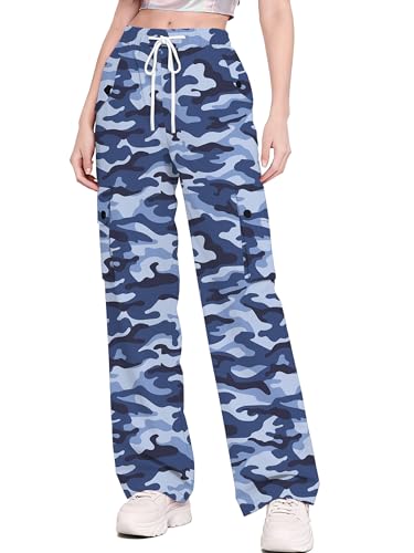 Image of Betusline Girls & Women's High Waist Wide Leg Cargo Pants Y2K Parachute Pants with Pockets and Drawstring 6 Years-Women 2XL