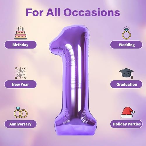 Image of Number Balloons for Birthday Decorations - 40 Inch Large Party Balloons 1, Purple Foil Number Balloons for Boys Girls, Balloons for Party Supplies