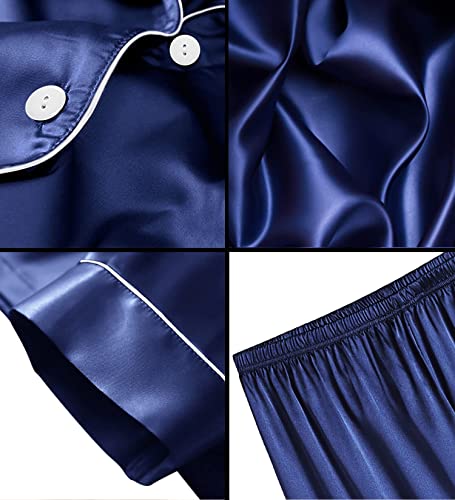 Image of SWOMOG Satin Matching Pajamas Sets Couple Silk Button Down Nightwear Women & Men Short Sleeve Sleepwear 2 Pieces Loungewear