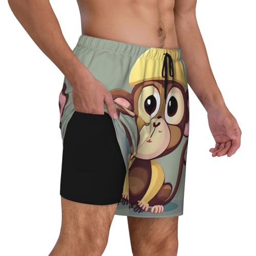 Cute Monkey Mens Double Polyester Swimsuit Trunks Swim Shorts with Compression Liner and Patch Pocket.3
