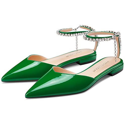 HDEUOLM Women Chunky Block Low Heel Pointed Toe Pumps Ankle Strap Slingback Rhinestone Crystal Wedding Dress Flats Shoes4