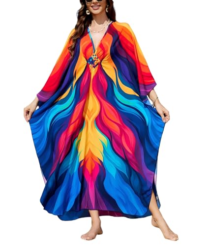Image of IMAGEKOPE Women's Plus Size Animal Print V-Neck Batwing Kaftan Beach Dress Bathing Suit Cover-Up Loungewear