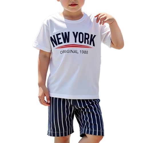 Image of Boys Summer Clothes Outfit Short Sleeve T-shirt Letters Printed Tops and Drawstring Waist Shorts Set Size 3-9
