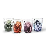 Naruto Shippuden Shot Glasses Set Of 4 | 2 Oz Shot Glasses Featuring Naruto, Sasuke, Sakura And Kakashi | Anime Shot Glass | Home Deco | Naruto Collection | Official Licensed | By Just Funky