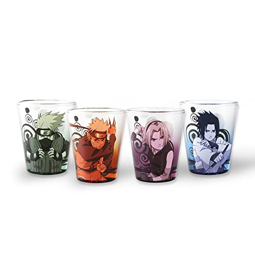 Naruto Shippuden Shot Glasses Set Of 4 | 2 Oz Shot Glasses Featuring Naruto, Sasuke, Sakura And Kakashi | Anime Shot Glass | Home Deco | Naruto Collection | Official Licensed | By Just Funky
