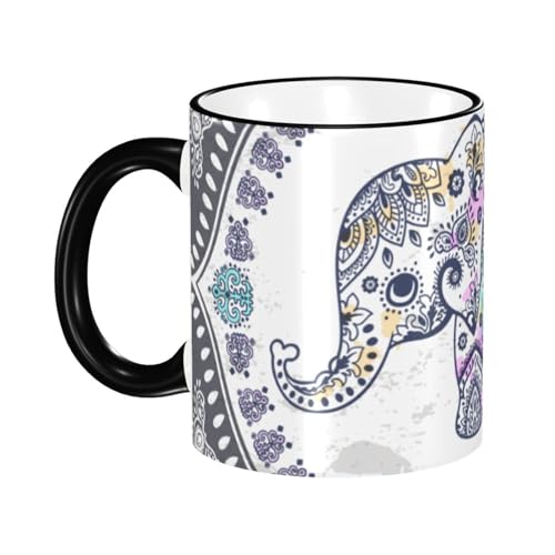 330ml 環境に優しいセラミックマグカップ ユニークなデザイン 美しく実用的(動物 ヴィンテージ グラフィック インディアン ロータス エスニック エレファント アフリカ トライバル ぬり絵 プリント アラベスク-01)