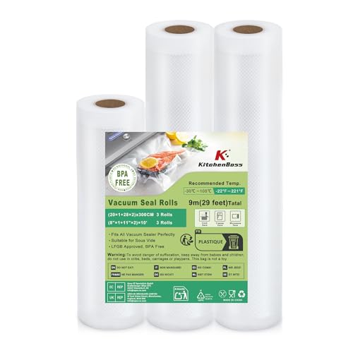 KitchenBoss Bolsas para Envasar al Vacio：20/28x300cm 3 Rollos, Bolsas Vacio Alimentos para Envasadora al Vacío y Cocción Sous Vide, Fuerte y Resistente al Desgarro