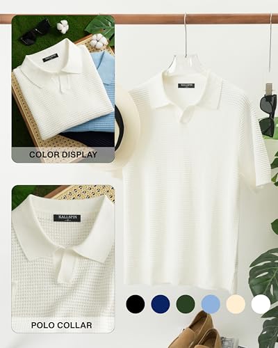 Camiseta polo para hombre Kallspin, de algodón tejido texturizado, manga corta, estilo casual para verano, playa y golf miniatura 5
