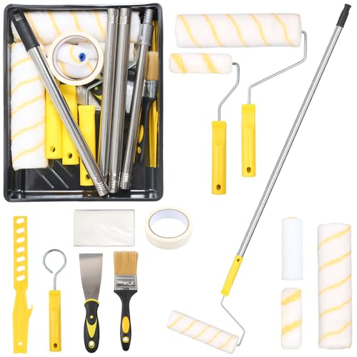 Gemsaya Ensemble de Rouleaux de Peinture, 20PCS Rouleaux de Peinture de 22,9 cm + 10,2 cm et Ensembles de Plateaux, Rouleaux pour Peinture avec Perche d'Extension de 1,5 m, Pinceau de Peinture, Cadres