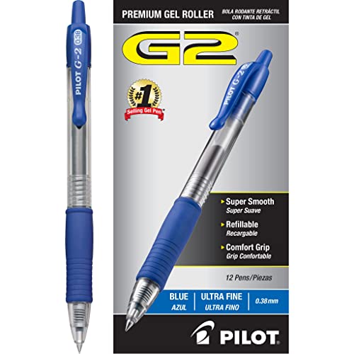Image of Pilot G2 Retractable Premium Gel Ink Roller Ball Pens, Ultra Fine Point, Blue Ink, Dozen Box (31278)