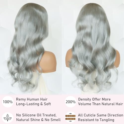 Image of Halloween Wigs 200% Grey Human Hair Wigs Body Wave 13x4 UHD Transparent Pre Plucked Pre Cut Gray Lace Front Wig Virgin Human Hair Glueless Lace Front Wigs for Women (28 Inch, Grey body wave)