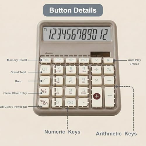 Image of 12 Digit Large Display Desktop Calculator Beige with Big Buttons, Dual Screen, GT & Memory Functions, Auto Power Off | Office, School & Home Use
