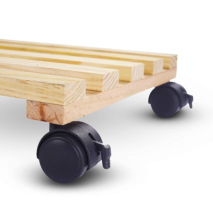 Image of UGAOO Wooden Plant Stand with Wheels | Wooden Plant Stand for Living Room | Wooden Planter Stand with Wheel | Square Rolling Plant Caddy for Indoor Outdoor Pots - 10x10 Inch (Set of 1)