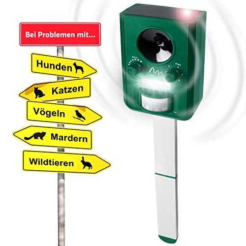 Gardigo Tiervertreiber Ultraschall Solar - 2er Set | Marderabwehr, Katzenschreck mit Blitzlicht | Multifrequenz Gerät, 5 Modi, Gesamtfläche ca. 75m² (ca. 9 m, 110°) | Batterien & USB-Ladekabel