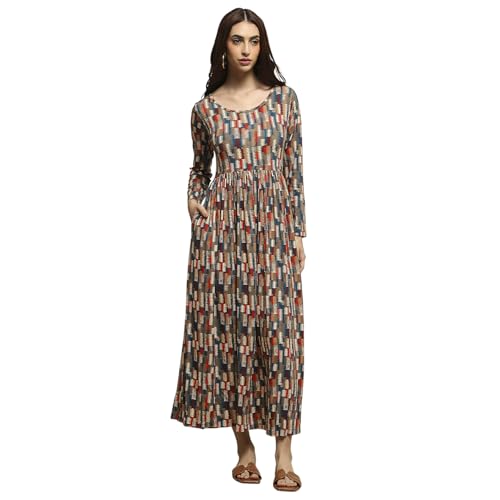 Image of BIBA Women Cotton Blend Flared Printed Dress