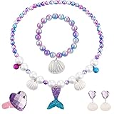 Bestomrogh Meerjungfrau Schmuck Set für Mädchen, Meerjungfrauen Flosse Halskette Muschel Armband Ohrclip Ring Kinder Schmuckset für Geburtstag Party Karneval( Lila)