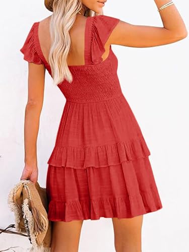 Image of Women Summer Dresses Casual Boho Smocked Ruffle Sun Beach Babydoll Mini Dress Layered Flowy Swing Dress