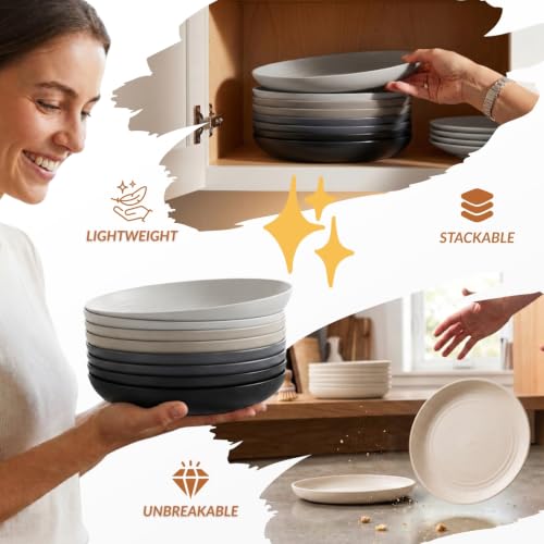 Image of Homienly Deep Dinner Plates Set of 8 Alternative for Plastic Microwave and Dishwasher Safe Wheat Straw Kitchen Unbreakable Kids with 4 Colors (Stone Grey, 8 inch),(Deep plates-8)