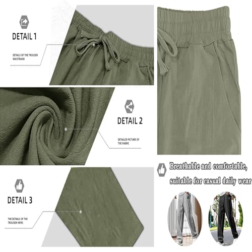 Mens Pants, Men's Casual Cotton, Linen Embroidered Logo, Drawstring Loose Elastic Waist Straight Leg Pocket Trousers2