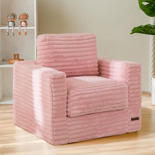 MAXYOYO Kids Bean Bag Chair, Comfy Faux Fur Bean Bag Sofa with Filler, Upholstered Floor Sofa with Pillows and Armrests, Lazy Floor Chair Couch for Boys and Girls, Pink