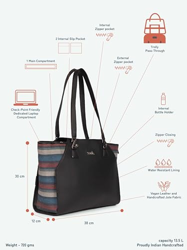 Image of ZOUK Printed Jute Handcrafted Vegan Leather Black Women's Check-point Friendly Classic Business Bag
