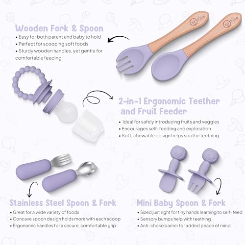 Image of O'doe 17 Pieces Baby LED Weaning Accessories for Toddlers, Baby Feeding Set | Suction Cup Silicone Baby Bowl, Self-Eating Utensils with Spoons, Cups, Bibs, Dinner Plate Set with | Purple, V2