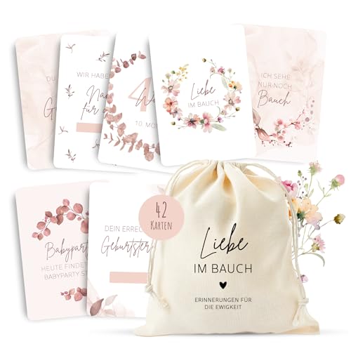 MeinBaby123 Meilensteinkarten Schwangerschaft | Meilenstein Karten Set Geschenk zur Schwangerschaft | Fotokarten für die Schwangerschaft | 42 Karten Inkl. hochwertigem Baumwollsäckchen (rosa)